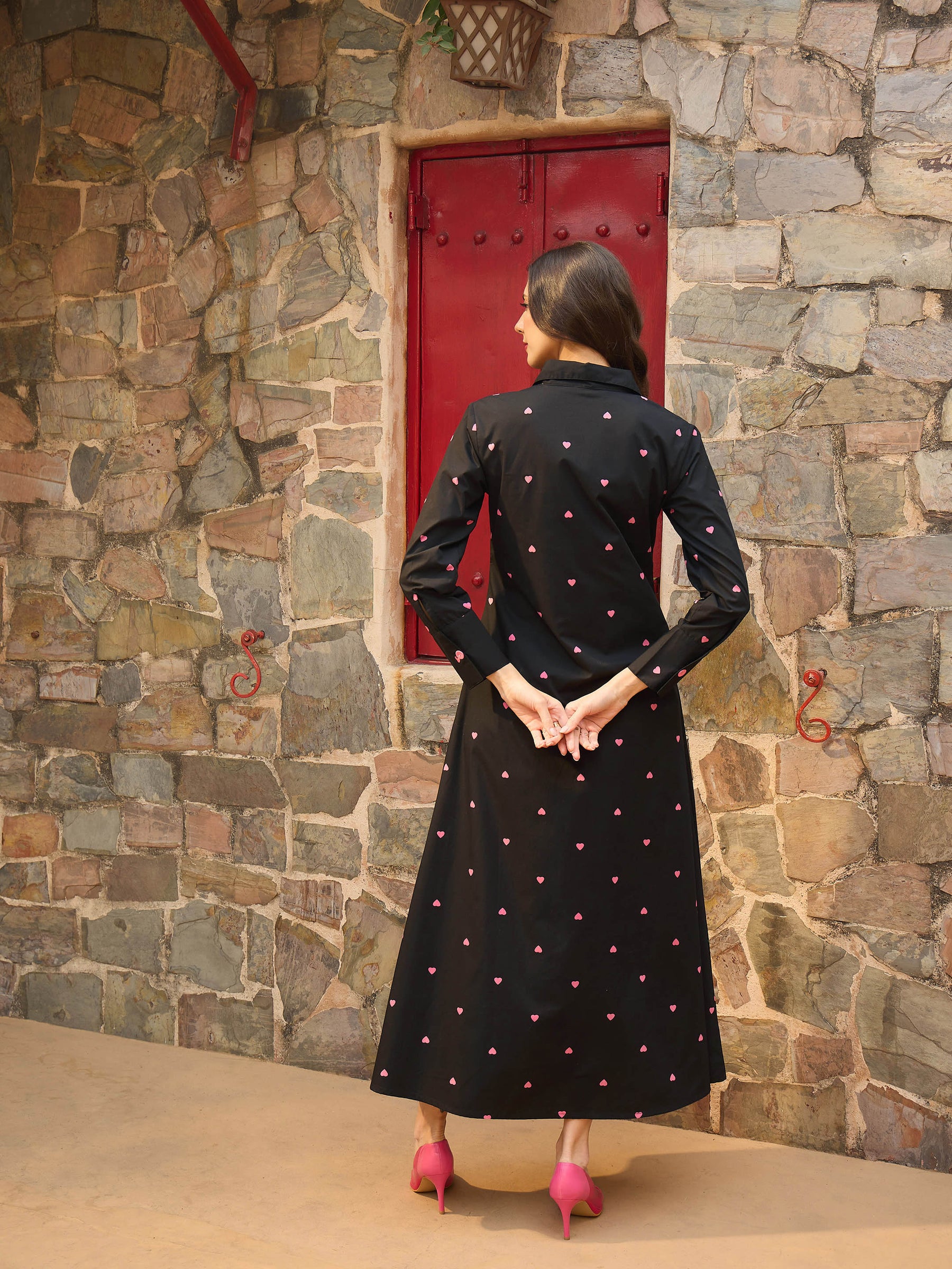 Black Heart Print A-line Longline Shirt Dress-Pink Paprika By SASSAFRAS