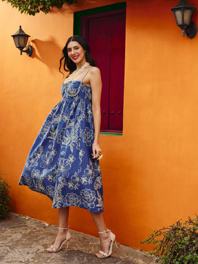 Blue & Off White Floral Strappy Midi Dress-Pink Paprika By SASSAFRAS