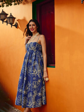 Blue & Off White Floral Strappy Midi Dress-Pink Paprika By SASSAFRAS