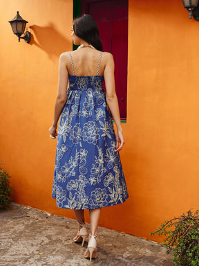 Blue & Off White Floral Strappy Midi Dress-Pink Paprika By SASSAFRAS