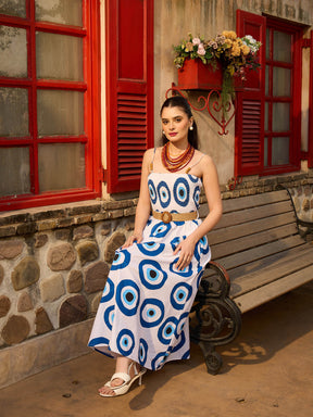 White Evil Eye Print Smocked Bust Strappy Dress-Pink Paprika By SASSAFRAS