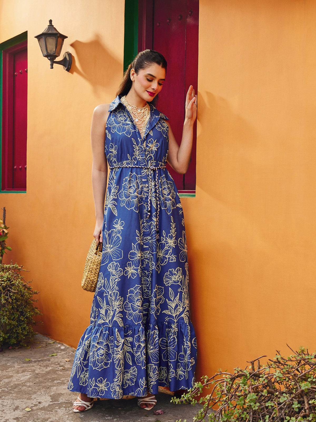 Blue & Off White Floral Front Button Maxi Dress-Pink Paprika By SASSAFRAS