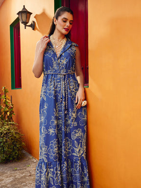 Blue & Off White Floral Front Button Maxi Dress-Pink Paprika By SASSAFRAS