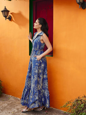 Blue & Off White Floral Front Button Maxi Dress-Pink Paprika By SASSAFRAS