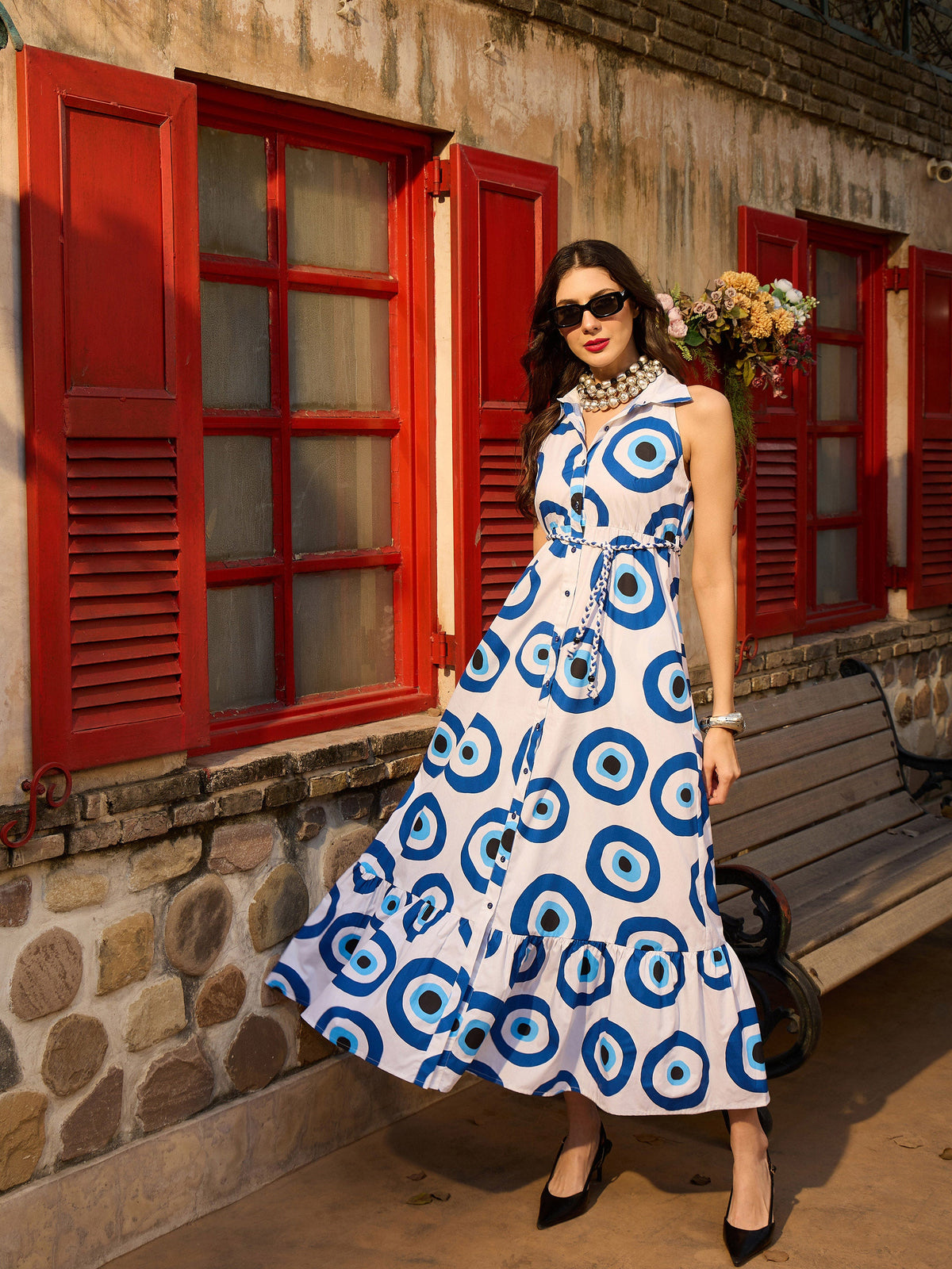 White Evil Eye Front Button Maxi Dress-Pink Paprika By SASSAFRAS