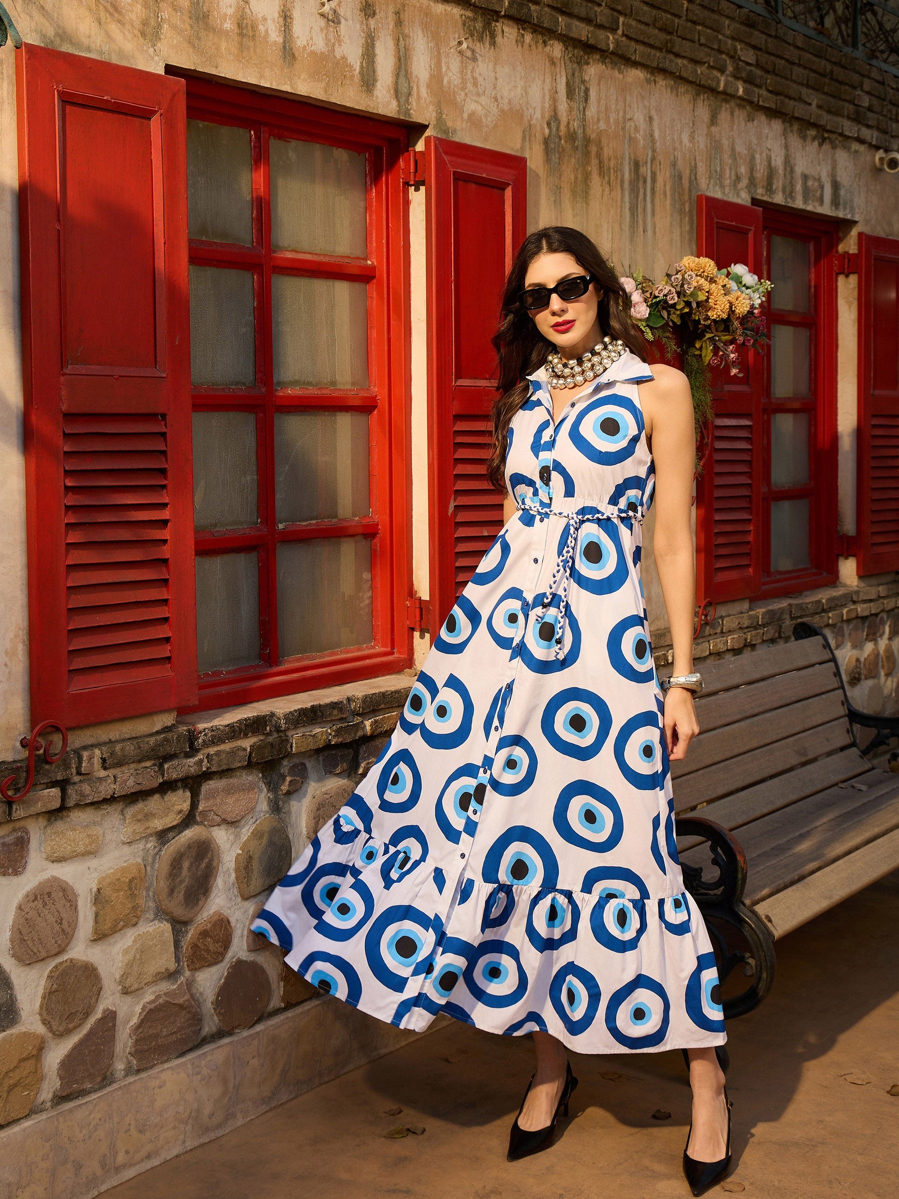 White Evil Eye Front Button Maxi Dress-Pink Paprika By SASSAFRAS