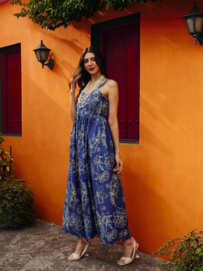 Blue & Off White Floral Strappy Maxi Dress-Pink Paprika By SASSAFRAS