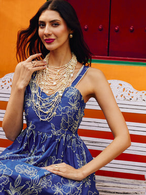 Blue & Off White Floral Strappy Maxi Dress-Pink Paprika By SASSAFRAS