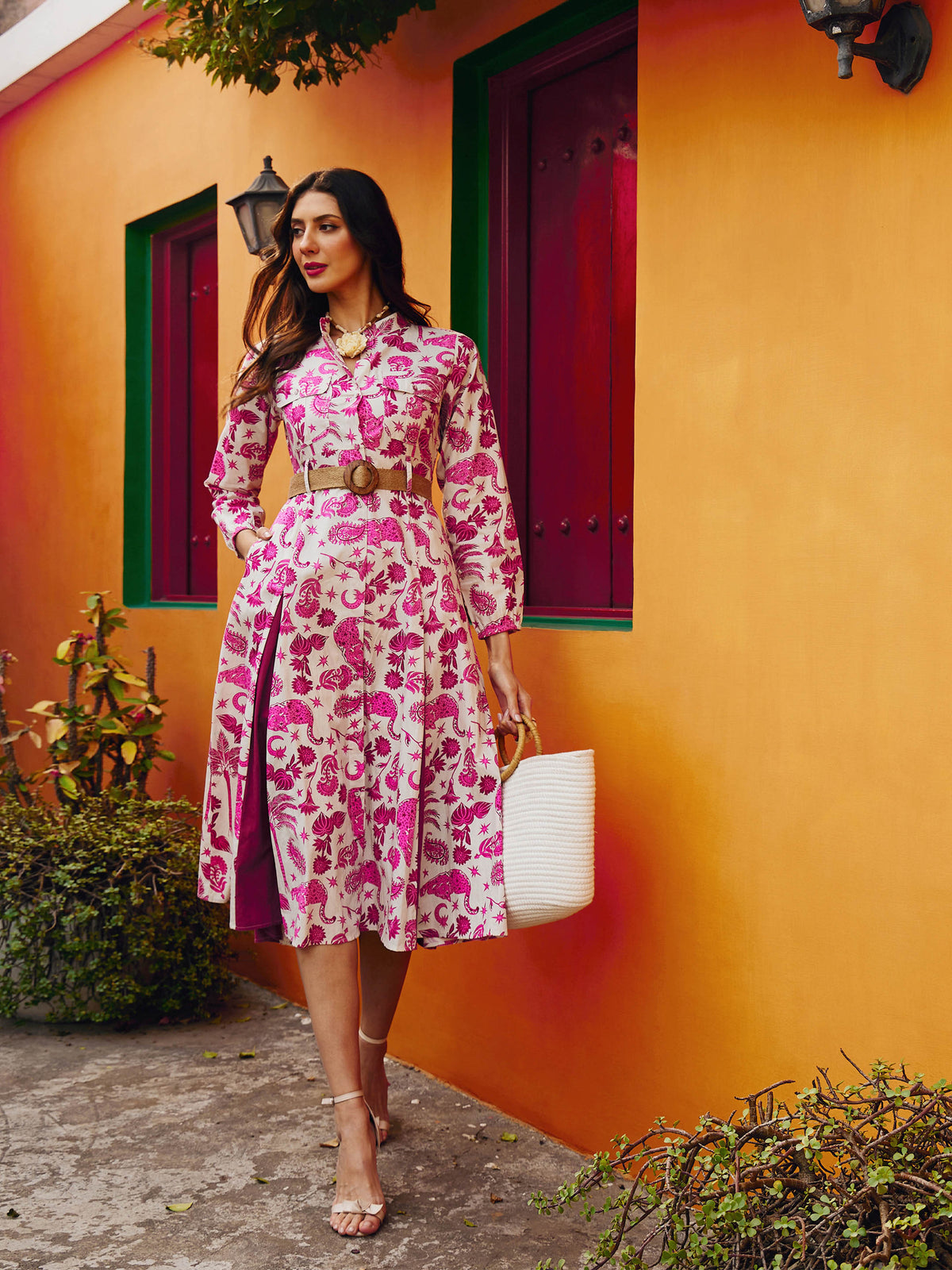 Pink Printed Kick Pleat Midi Dress-Pink Paprika By SASSAFRAS