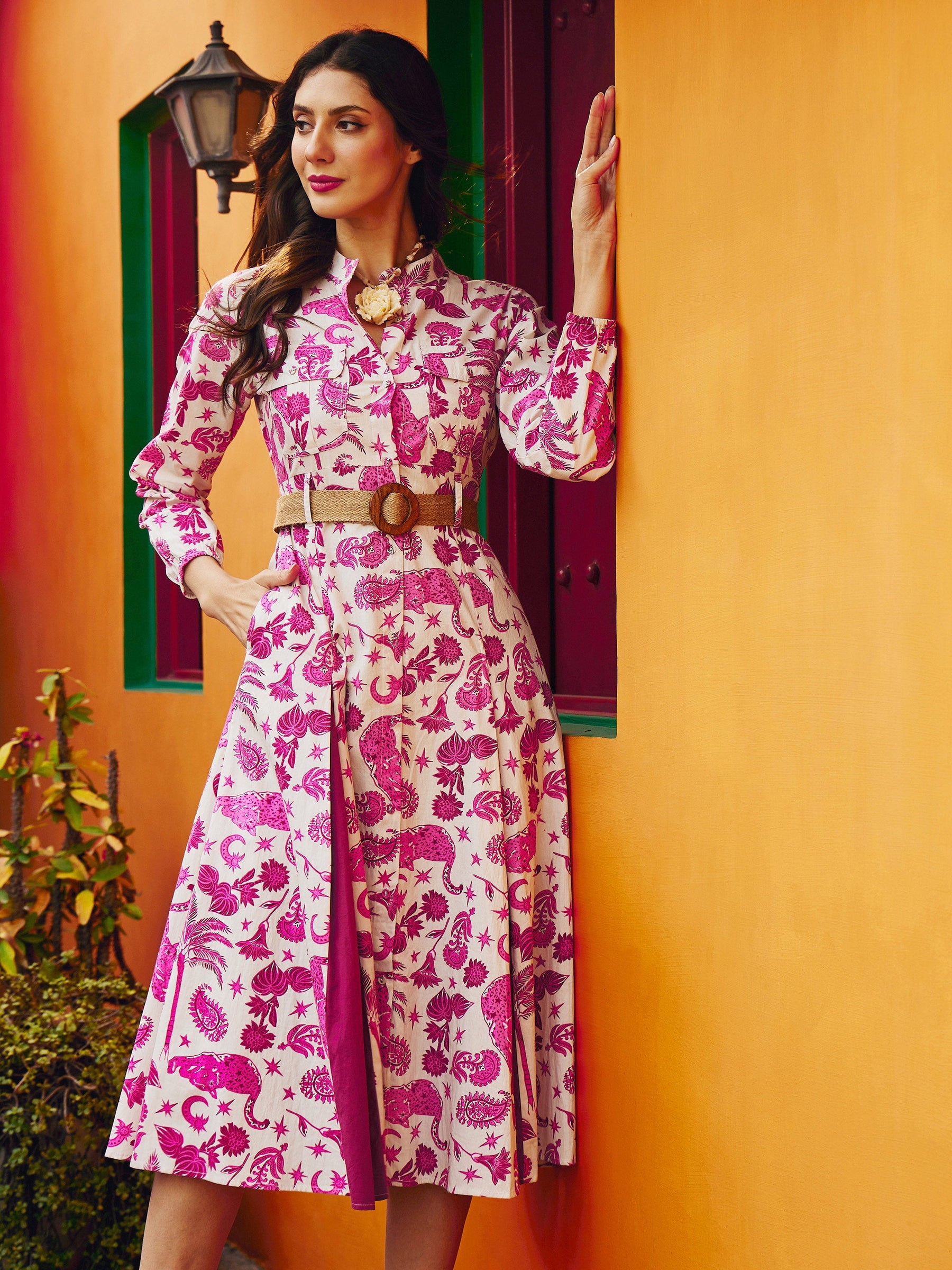 Pink Printed Kick Pleat Midi Dress-Pink Paprika By SASSAFRAS