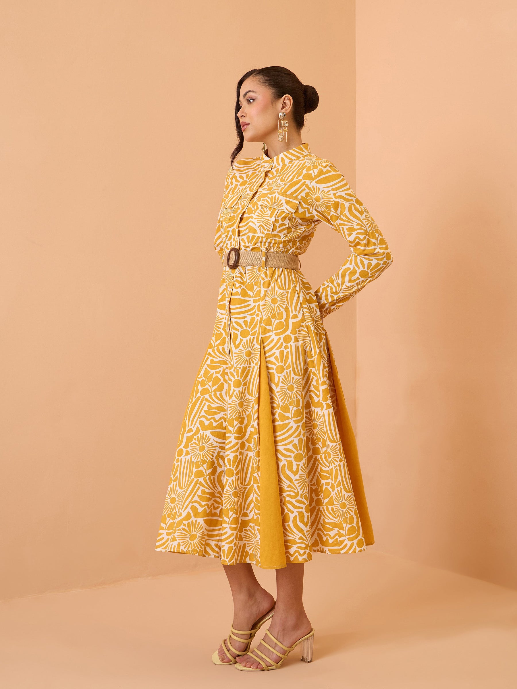 Yellow Floral Kick Pleat Midi Dress-Pink Paprika By SASSAFRAS