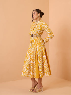 Yellow Floral Kick Pleat Midi Dress-Pink Paprika By SASSAFRAS