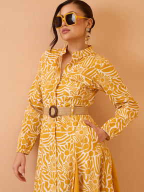 Yellow Floral Kick Pleat Midi Dress-Pink Paprika By SASSAFRAS