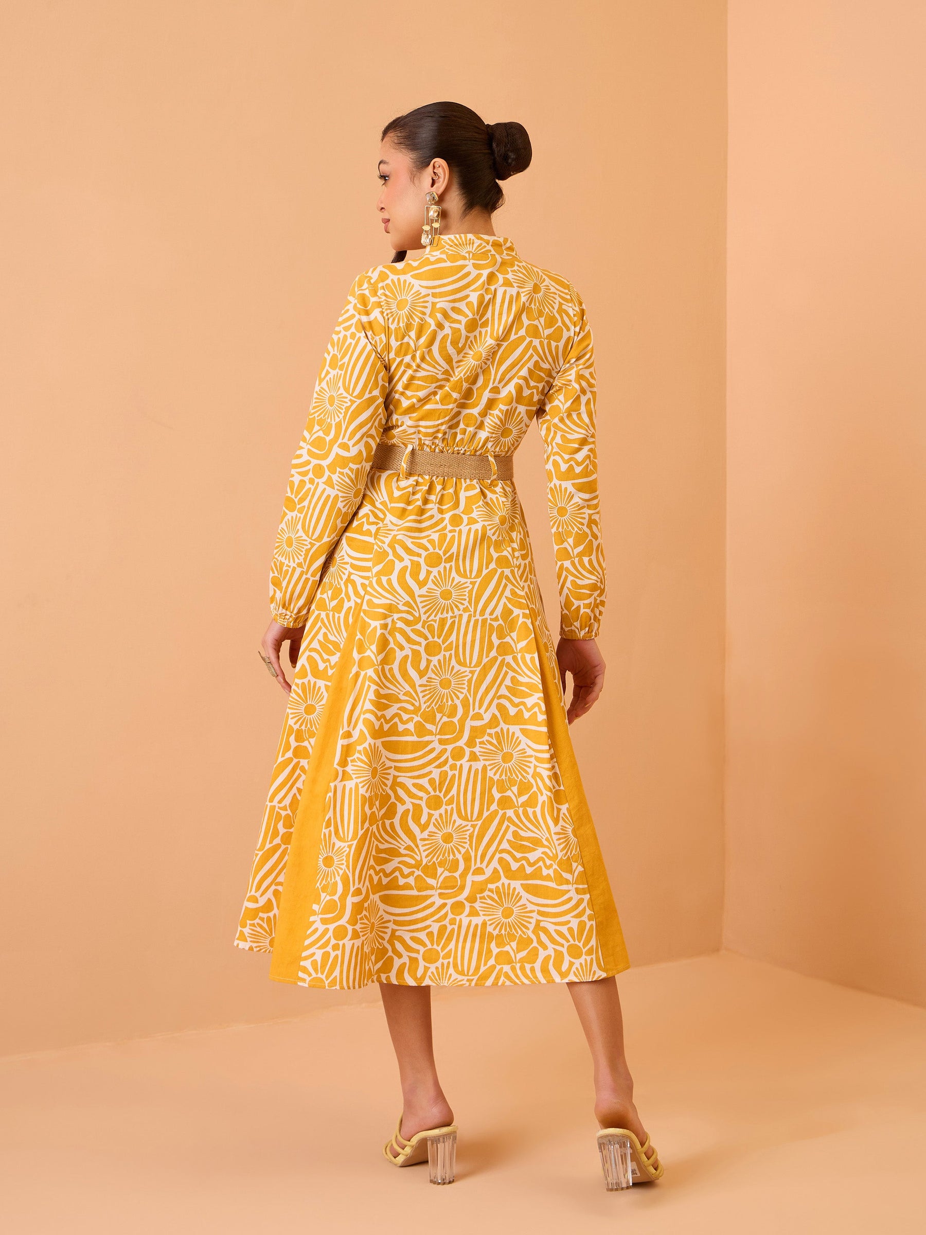 Yellow Floral Kick Pleat Midi Dress-Pink Paprika By SASSAFRAS