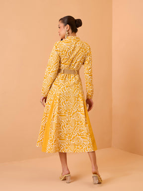 Yellow Floral Kick Pleat Midi Dress-Pink Paprika By SASSAFRAS