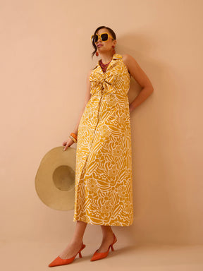 Yellow Floral Front Knot Button Down Midi Dress-Pink Paprika By SASSAFRAS