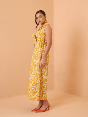 Yellow Floral Front Knot Button Down Midi Dress-Pink Paprika By SASSAFRAS