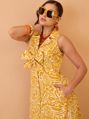 Yellow Floral Front Knot Button Down Midi Dress-Pink Paprika By SASSAFRAS