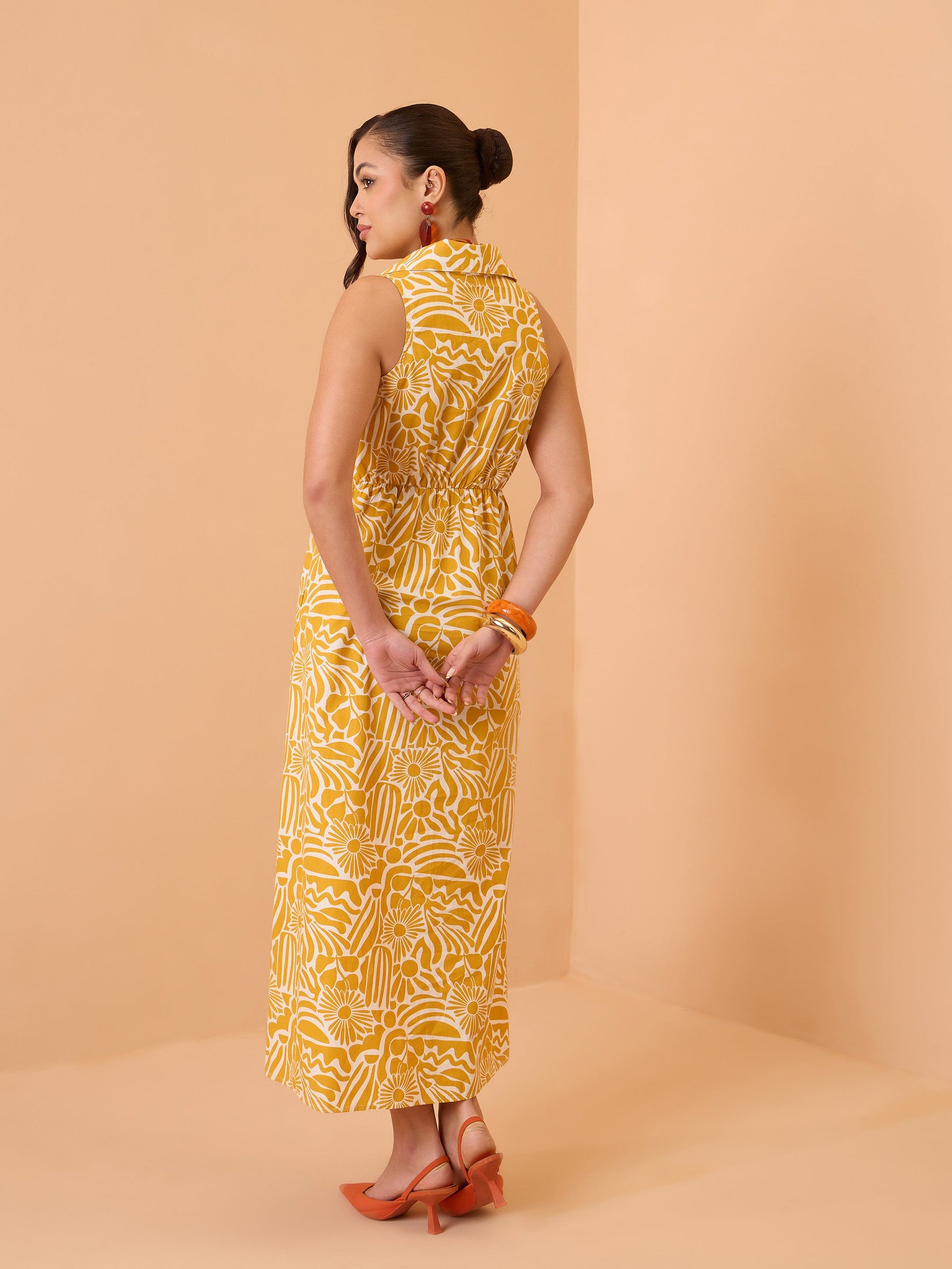 Yellow Floral Front Knot Button Down Midi Dress-Pink Paprika By SASSAFRAS