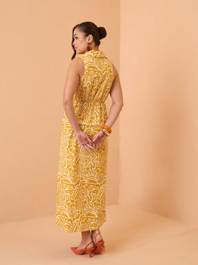 Yellow Floral Front Knot Button Down Midi Dress-Pink Paprika By SASSAFRAS
