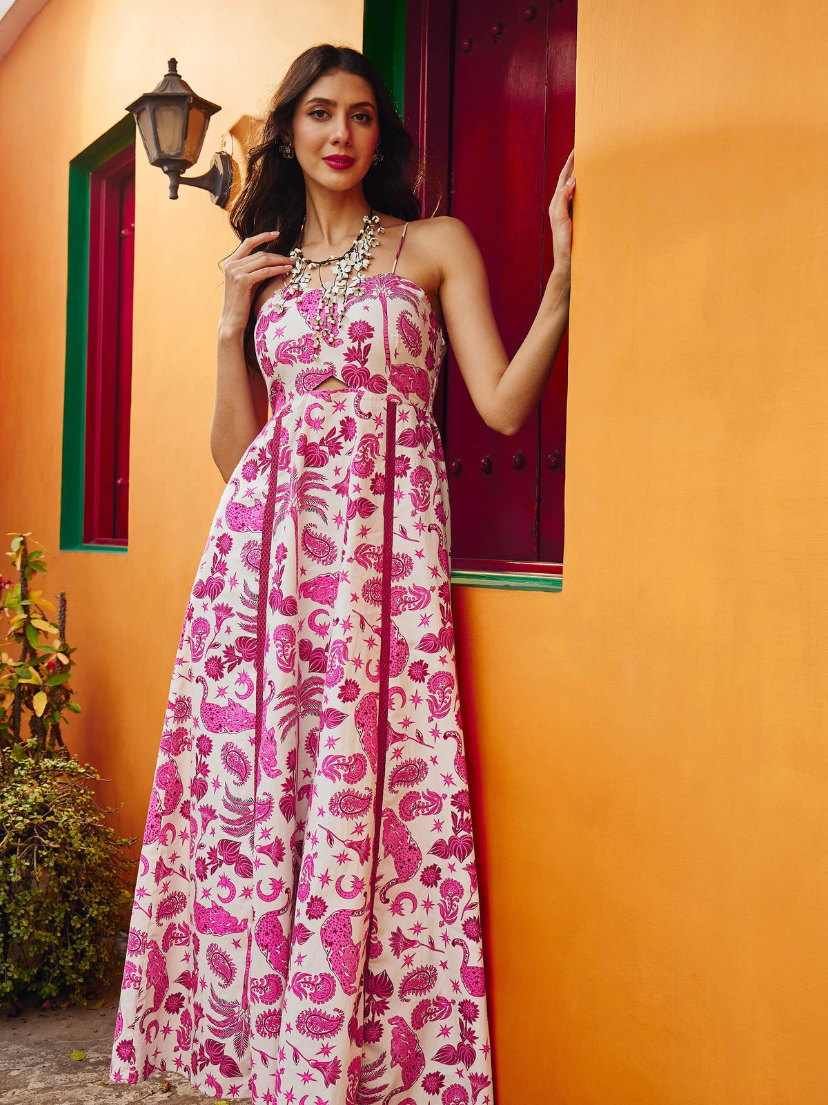 Pink Floral Strappy Padded Midi Dress-Pink Paprika By SASSAFRAS