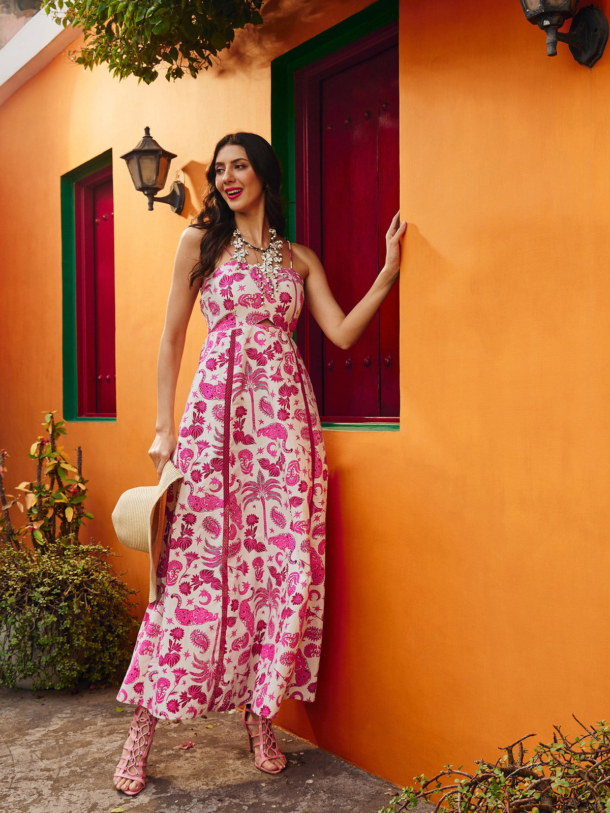 Pink Floral Strappy Padded Midi Dress-Pink Paprika By SASSAFRAS