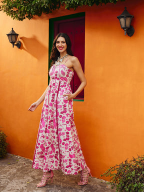 Pink Floral Strappy Padded Midi Dress-Pink Paprika By SASSAFRAS