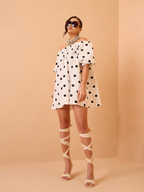 White & Black Big Polka Dot Off Shoulder Short Dress-Pink Paprika By SASSAFRAS