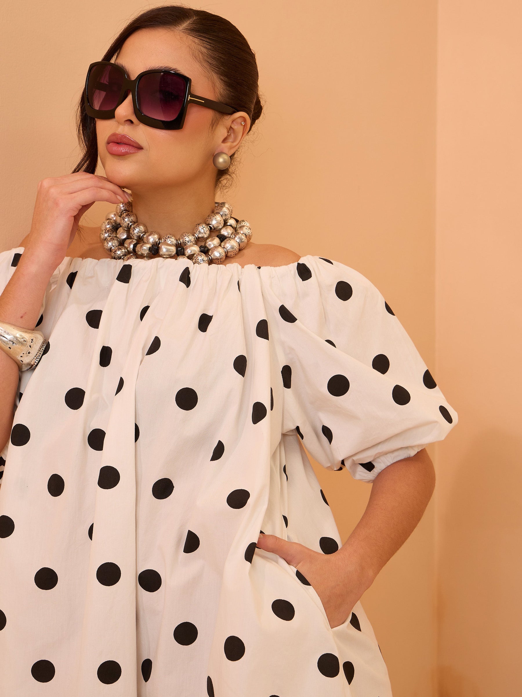 White & Black Big Polka Dot Off Shoulder Short Dress-Pink Paprika By SASSAFRAS