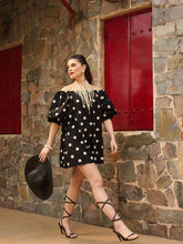 Black & White Big Polka Dot Off Shoulder Short Dress-Pink Paprika By SASSAFRAS