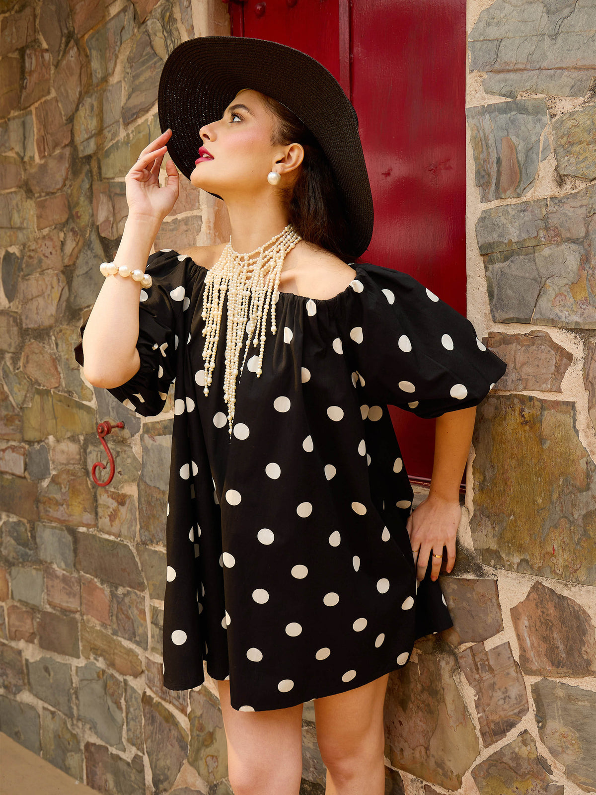 Black & White Big Polka Dot Off Shoulder Short Dress-Pink Paprika By SASSAFRAS