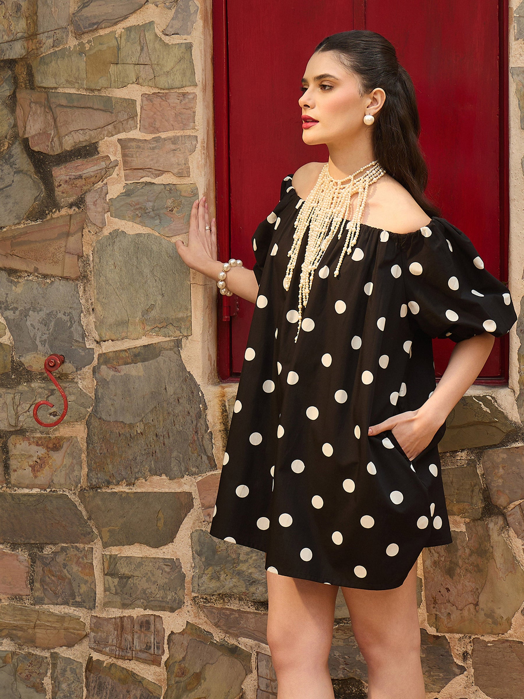 Black & White Big Polka Dot Off Shoulder Short Dress-Pink Paprika By SASSAFRAS