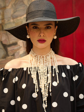 Black & White Big Polka Dot Off Shoulder Short Dress-Pink Paprika By SASSAFRAS