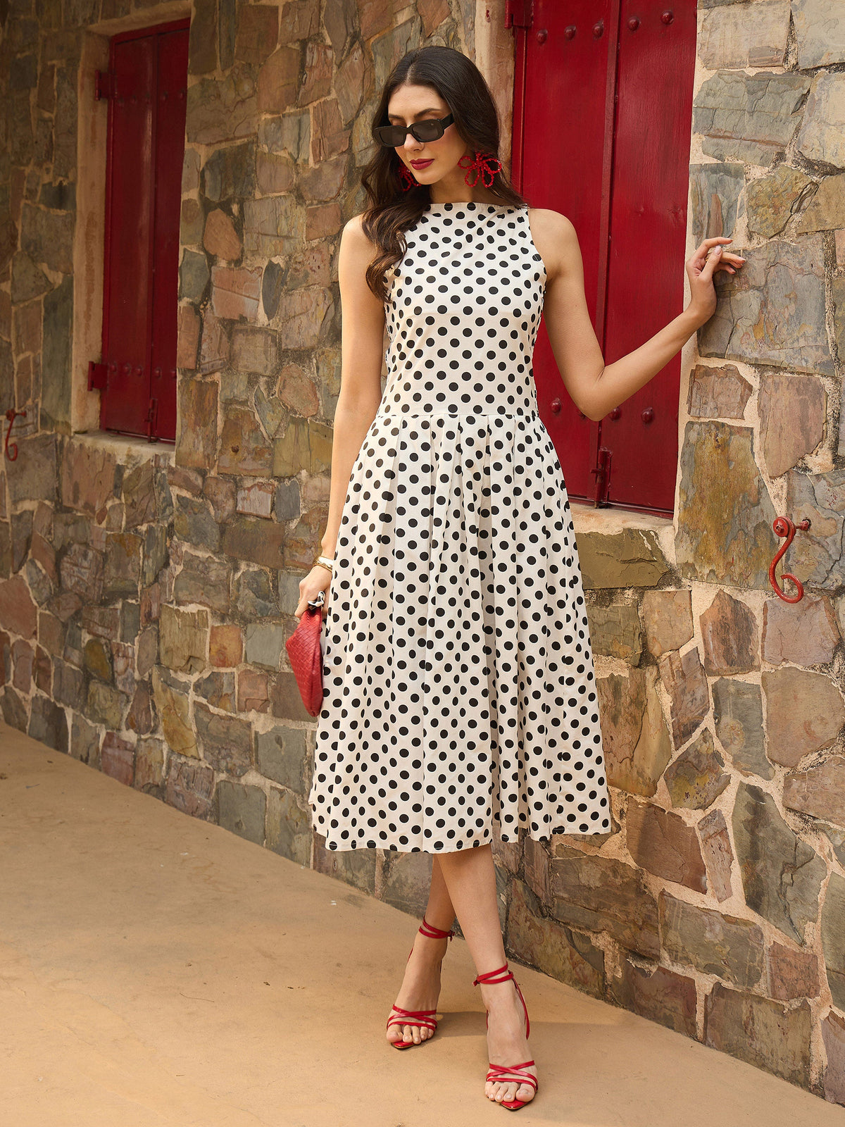 White & Black Small Polka Smoking Low Waist Midi Dress-Pink Paprika By SASSAFRAS