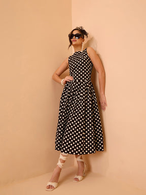 Black & White Small Polka Smoking Low Waist Midi Dress-Pink Paprika By SASSAFRAS