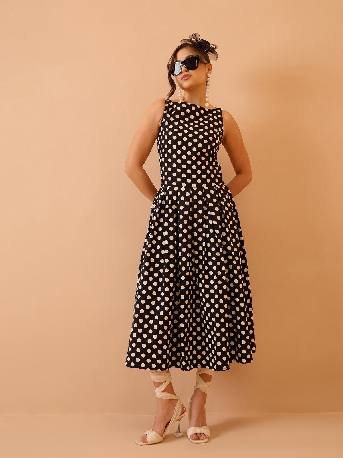 Black & White Small Polka Smoking Low Waist Midi Dress-Pink Paprika By SASSAFRAS