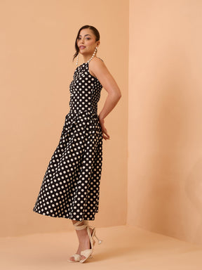 Black & White Small Polka Smoking Low Waist Midi Dress-Pink Paprika By SASSAFRAS