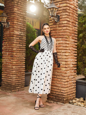 White & Black Polka Dot Halter Neck Midi Dress-Pink Paprika By SASSAFRAS