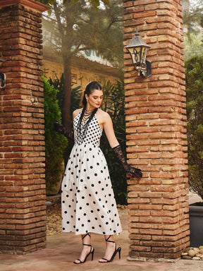 White & Black Polka Dot Halter Neck Midi Dress-Pink Paprika By SASSAFRAS