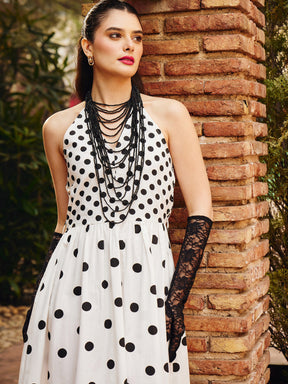 White & Black Polka Dot Halter Neck Midi Dress-Pink Paprika By SASSAFRAS