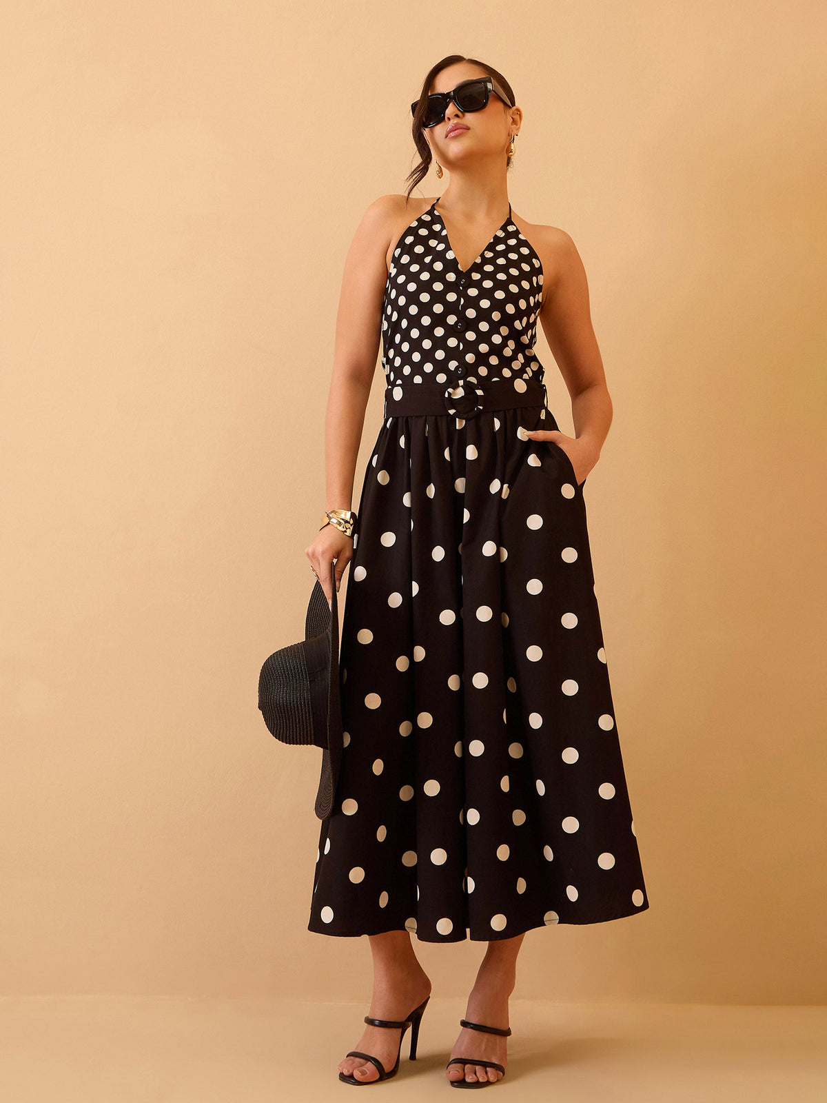 Black & White Polka Dot Halter Neck Midi Dress-Pink Paprika By SASSAFRAS