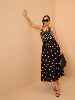 Black & White Polka Dot Halter Neck Midi Dress-Pink Paprika By SASSAFRAS