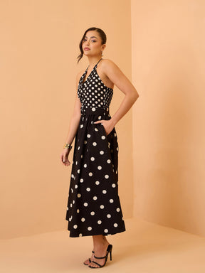 Black & White Polka Dot Halter Neck Midi Dress-Pink Paprika By SASSAFRAS