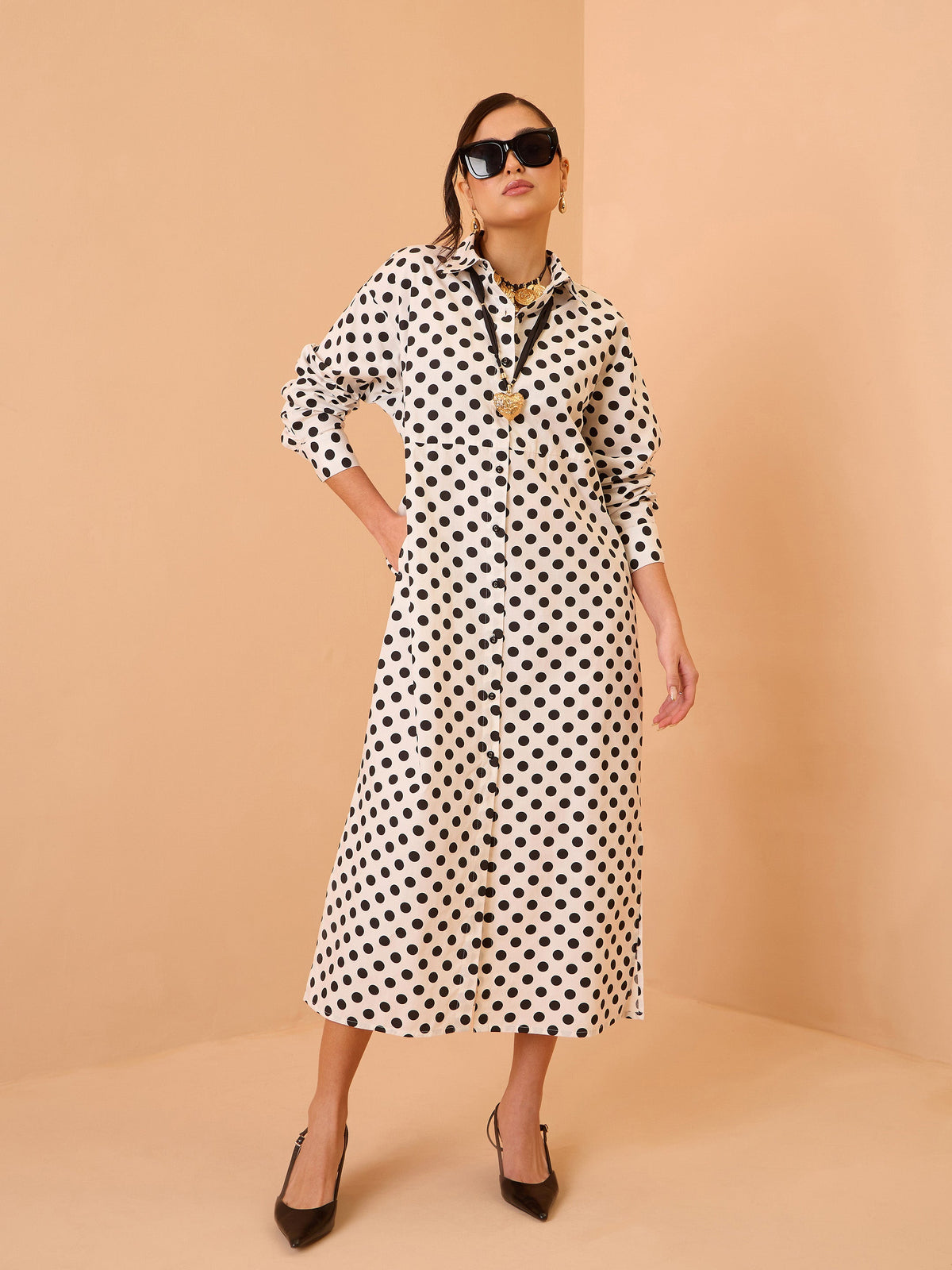 White & Black Small Polka Dot Longline Shirt Dress-Pink Paprika By SASSAFRAS