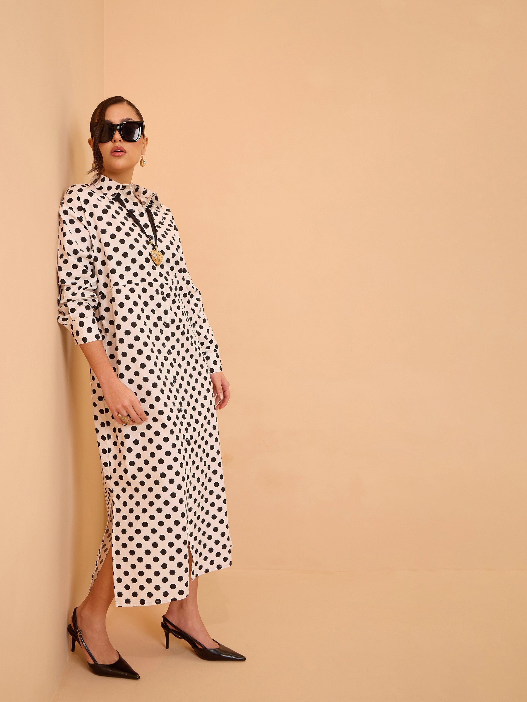 White & Black Small Polka Dot Longline Shirt Dress-Pink Paprika By SASSAFRAS