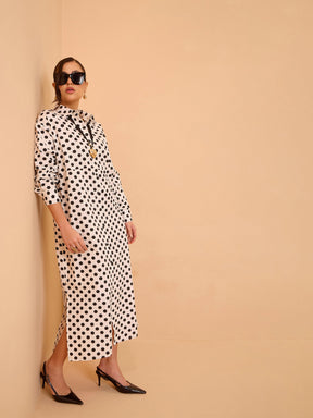 White & Black Small Polka Dot Longline Shirt Dress-Pink Paprika By SASSAFRAS
