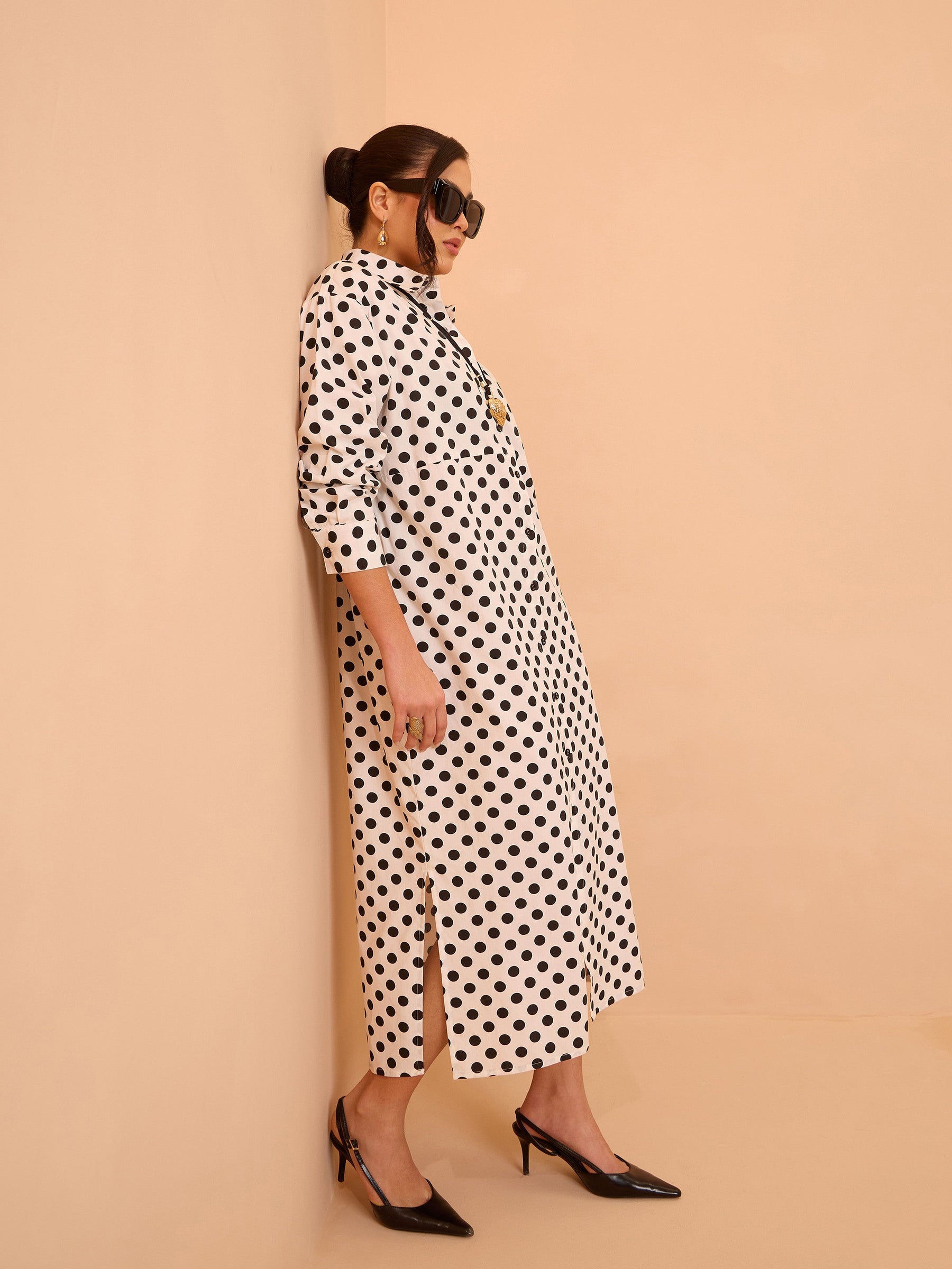 White & Black Small Polka Dot Longline Shirt Dress-Pink Paprika By SASSAFRAS