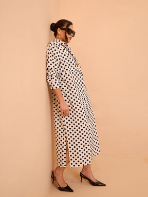 White & Black Small Polka Dot Longline Shirt Dress-Pink Paprika By SASSAFRAS