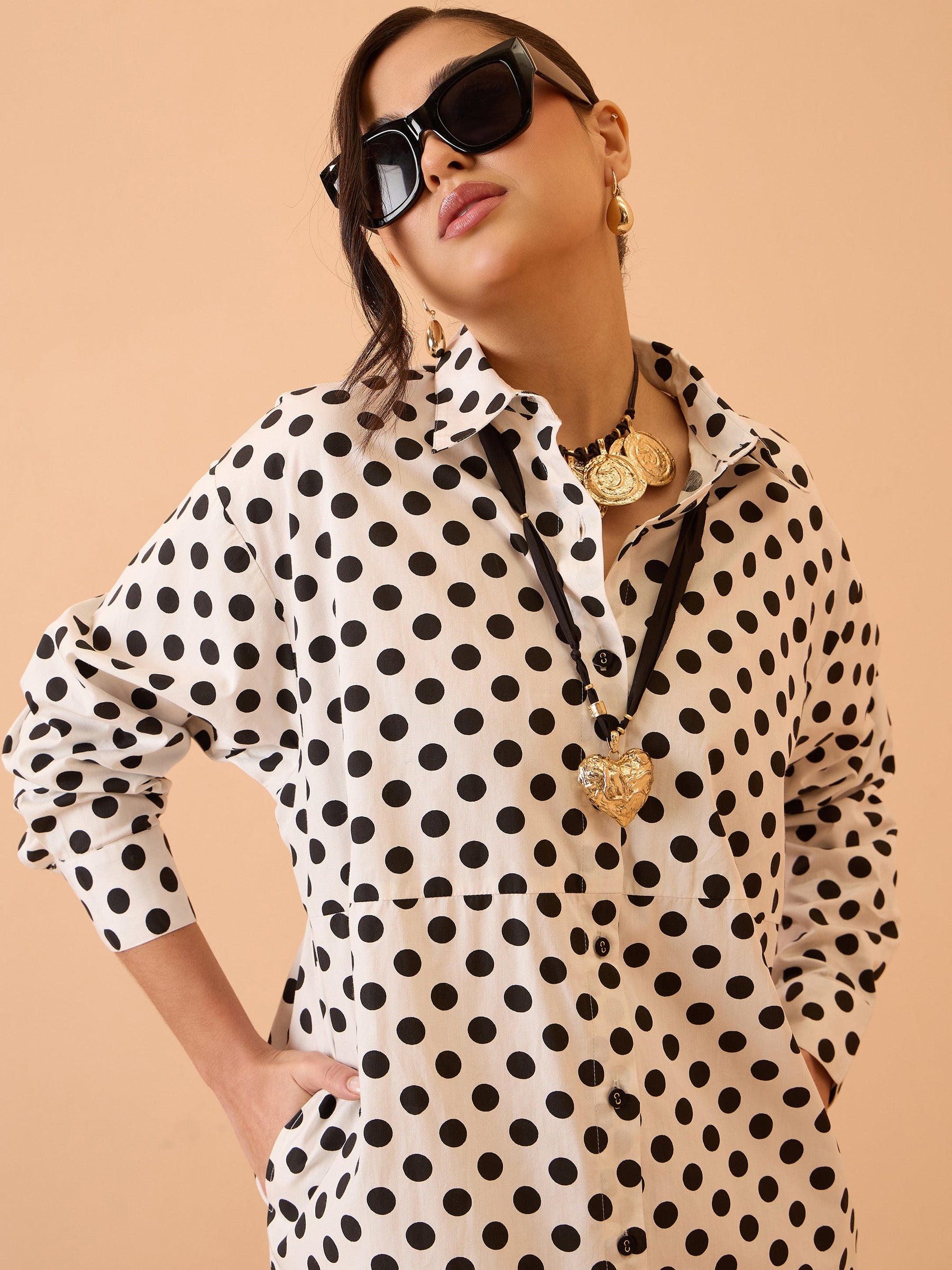 White & Black Small Polka Dot Longline Shirt Dress-Pink Paprika By SASSAFRAS