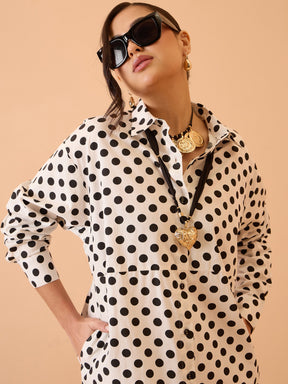 White & Black Small Polka Dot Longline Shirt Dress-Pink Paprika By SASSAFRAS
